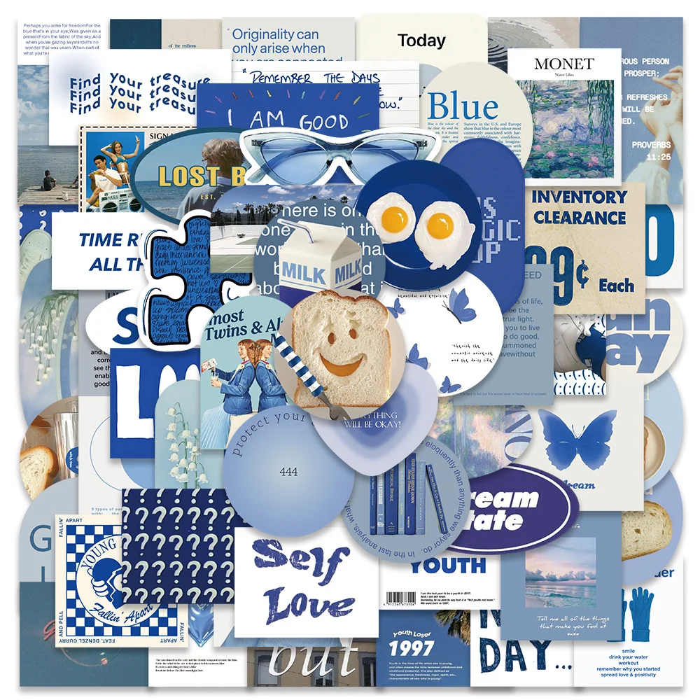 

57pcs Cartoon Luck Blue INS Stickers Pack Laptop Guitar Phone Sticker Journaling Materials DIY Vintage Scrapbooking Supplies