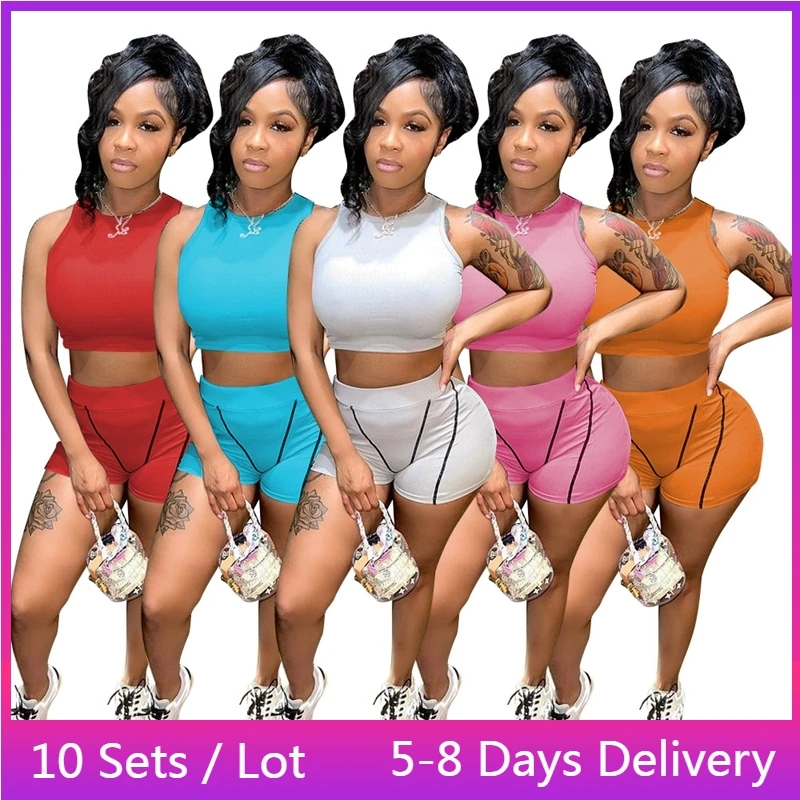 

Wholesale Items Sportswear Ribbed Tracksuit Women Summer Sleeveless Crop Top and Shorts Set Solid Bodycon Womens Two Peice Sets