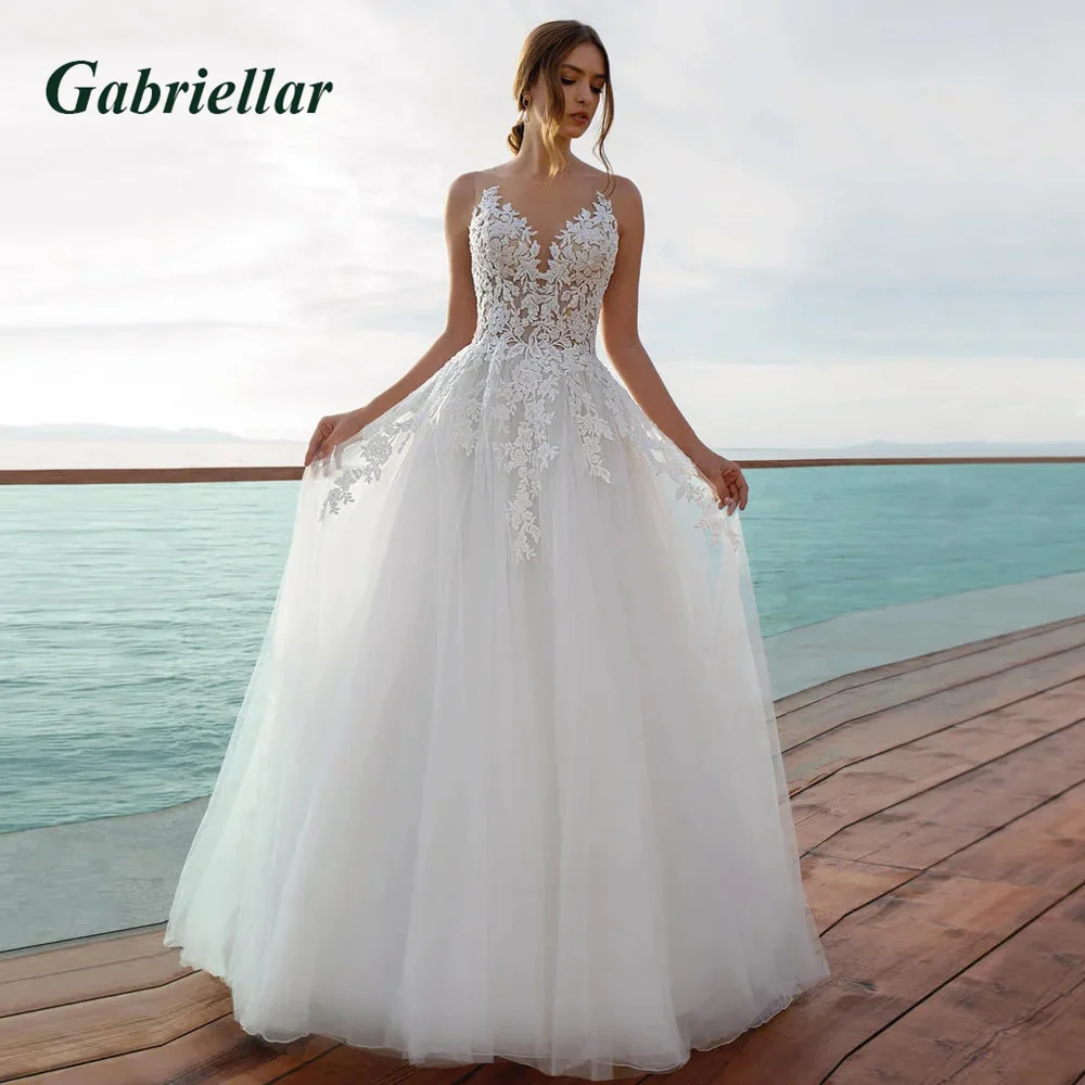 

Gabriellar Illusion Wedding Dress Tulle V-Neck Appliques Sleeveless A-line For Brides Button Sweep Train Vestido De Novia 2023