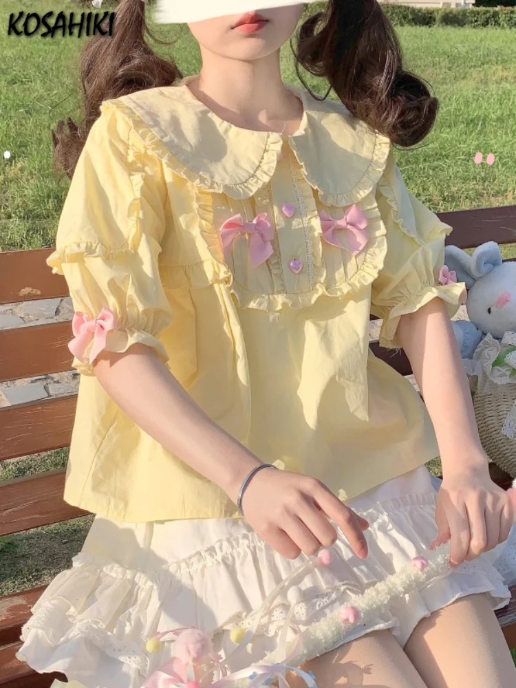 

Японская кавайная Милая рубашка в стиле "Лолита" с пышными рукавами, летняя повседневная женская блузка "Лолита", универсальная женская блузка с бантом