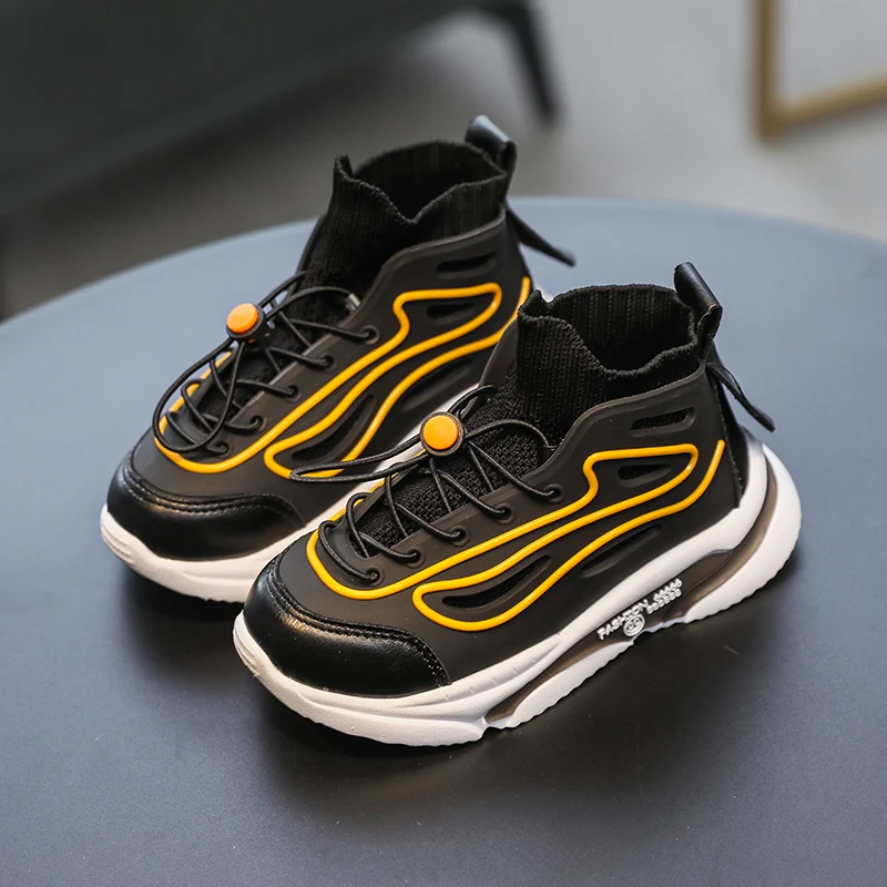 Kids Flying Woven Casual Sports Shoes 2022 Autumn Breathable Fabric Mid-top Thick-soled Boys' Shoes All-match Girls' Shoes