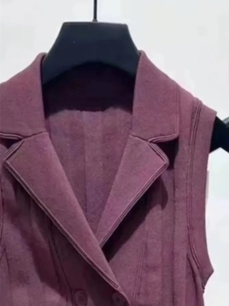 

Double Breasted Suit Coat Women Slim Notched Ladies Sleeveless Short Knitwear Tops 2023 Early Autumn