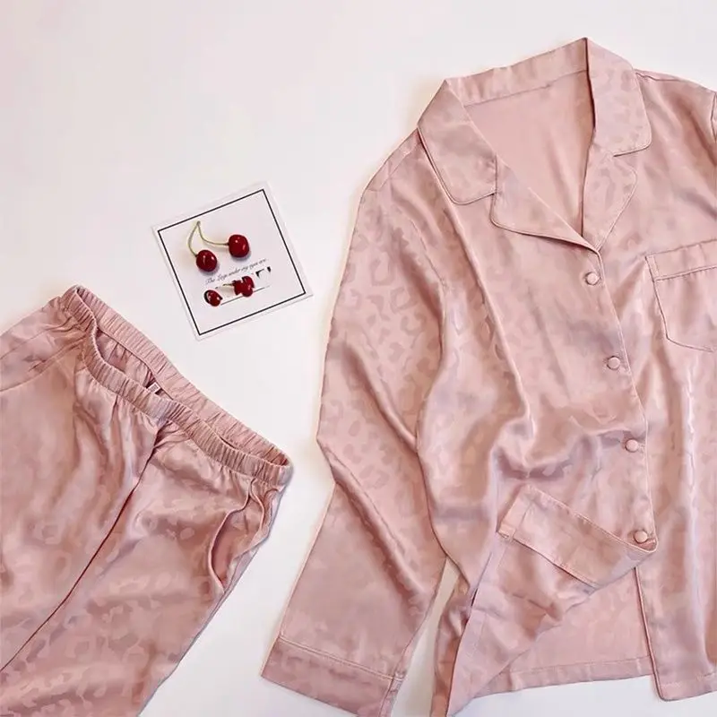 

QWEEK Silk Pajamas Leopard Women's Suit Autumn Set Woman 2 Pieces Sleepwear Nightwear Pijama Gift Female Pyjamas Pink Loungwear