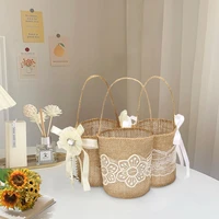 2pcs natural jute lace flower basket linen handle vintage rustic wedding gift bag baby shower burlap party candy bag