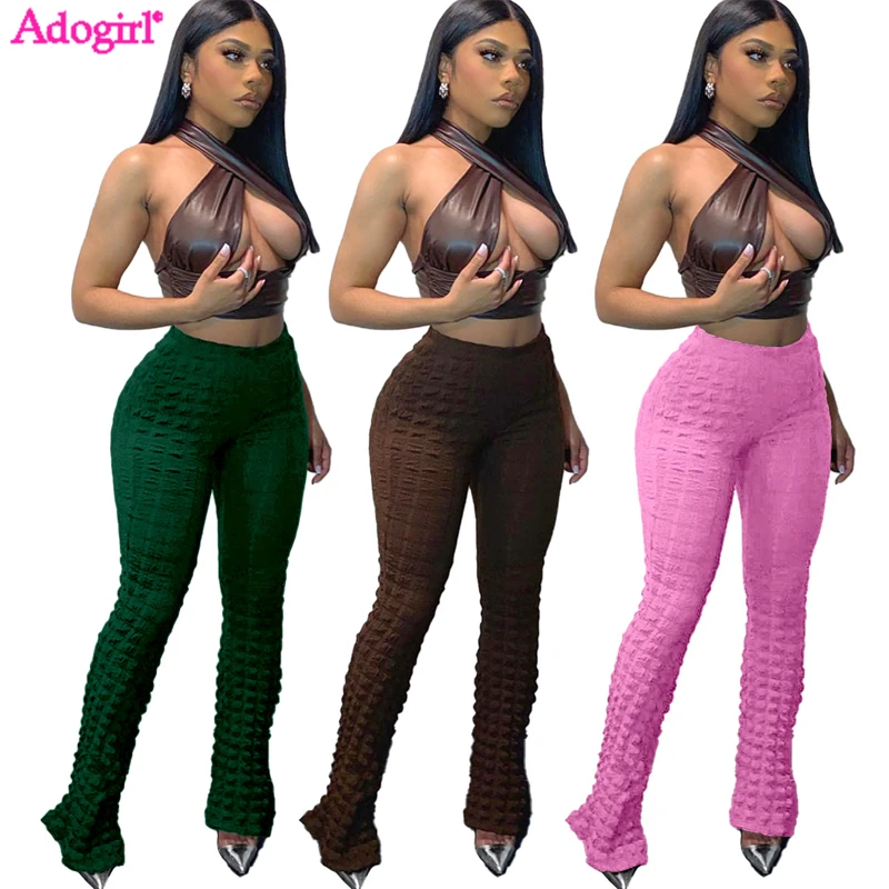 

Adogirl Puffy Popcorn Stacked Flare Pants 2023 Spring Women Solid High Waist Stretchy Boot Cut Trousers Fashion Casual Outfits