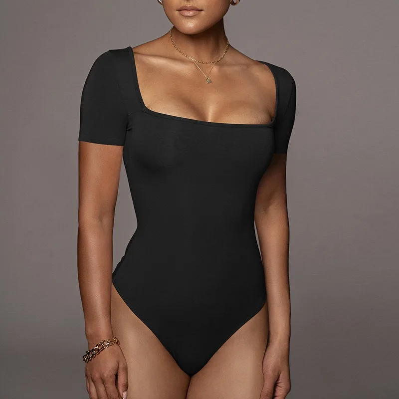 Women's Square Neck Short Sleeve Summer Basic Tops Bodysuit Jumpsuit