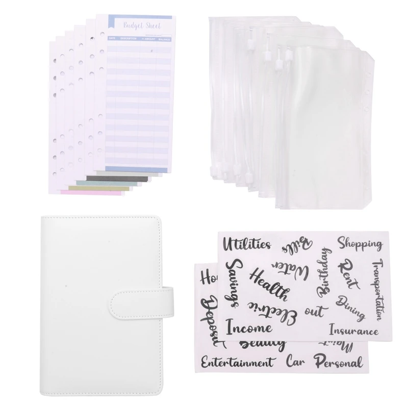 

A6 PU Leather Notebook Binder Budget Planning Notepad,6 Ring Binder Sleeves,8 Binder Pockets,12 Expense Budget Sheets