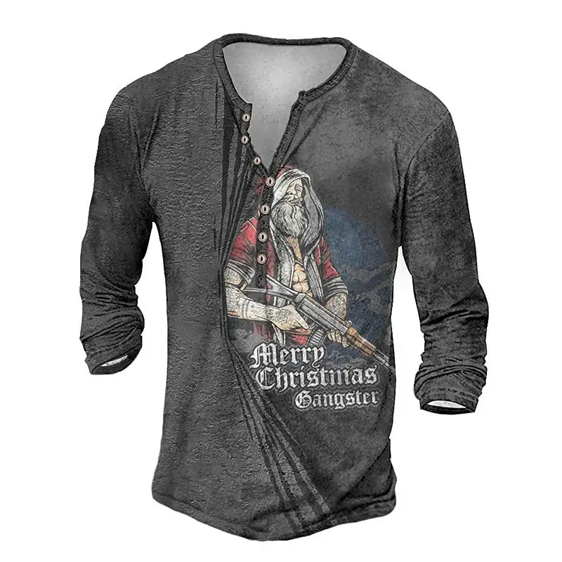 

Футболка мужская с винтажным принтом, хлопковая рубашка с длинным рукавом и V-образным вырезом, на пуговицах, в стиле Харадзюку, одежда оверс...