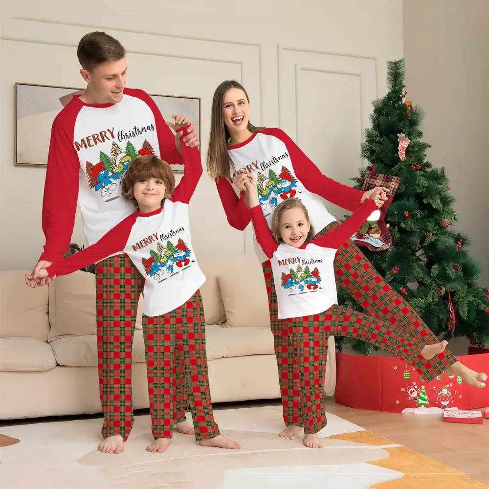 

Новый год 2024, красная клетчатая Домашняя одежда, пижама с мультяшным принтом букв, одежда для родителей и детей, штаны с длинным рукавом, домашняя одежда