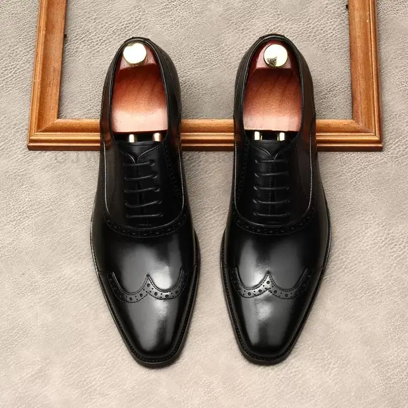 

Туфли-оксфорды мужские из натуральной кожи, брендовые Роскошные броги, на шнуровке, классические, для свадьбы, офиса, деловые, Формальные туфли, черные коричневые
