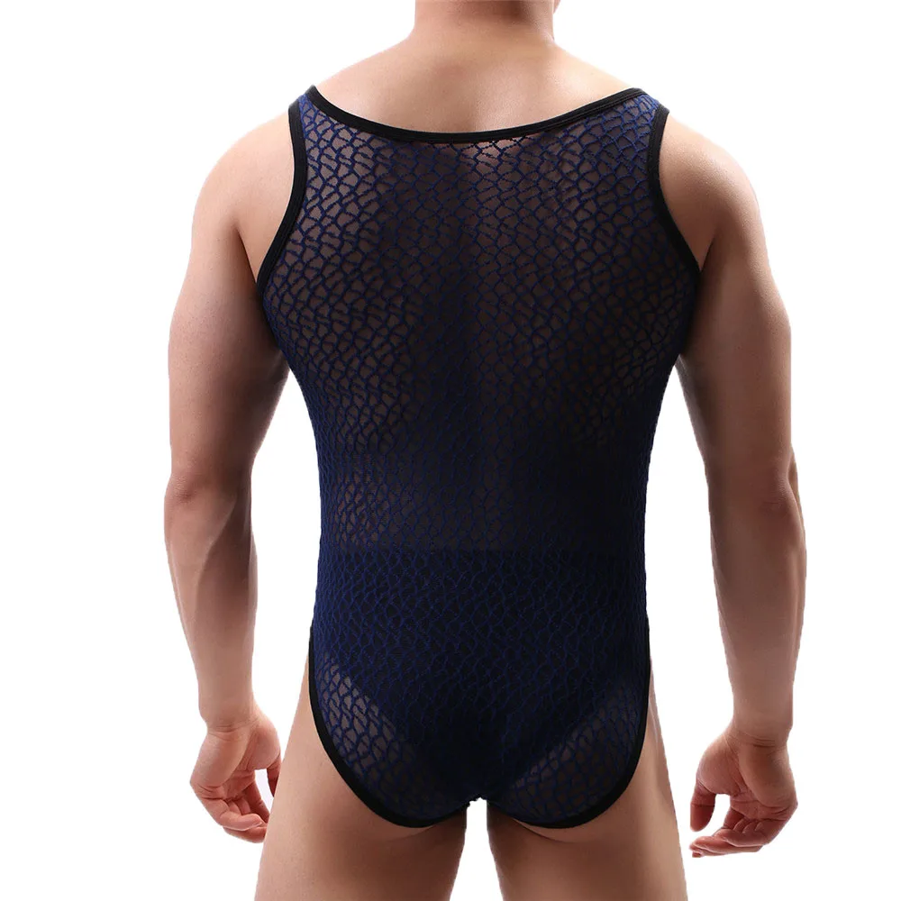 YUFEIDA Men's Translucent One Piece Bodysuit Breathable Mesh Sheer Sleeveless Jumpsuit Gay Male Fitness Bodysuits Thin Nightwear