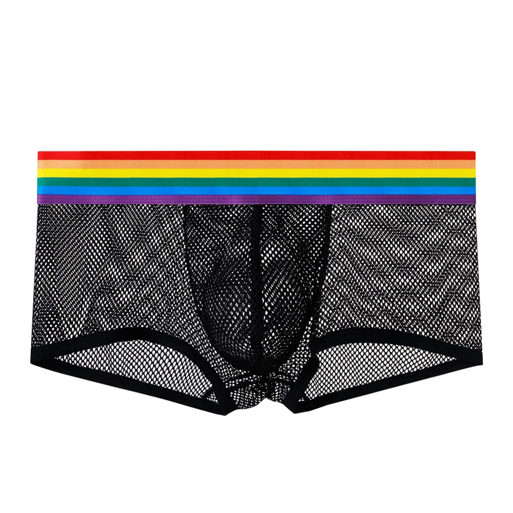

New Sexy Men Rainbow Underwear Boxers Breathable Mesh Hollow Out Hole Shorts Male Panties Lingerie Cuecas