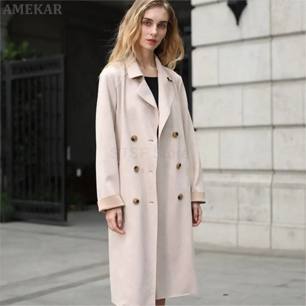 Women Fashion Real Suede Long Coat double-breasted With Belted Pure Color Windbreaker Leisure Lapel Real Fur Jacket