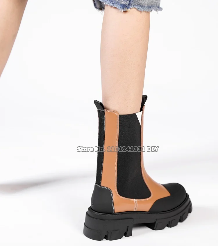 5.5cm Platform Real Cow Leather Elastic Slip On Short Boots Women Autumn Winter Mid Calf Boots Plus Size 43