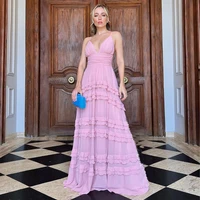 eeqasn pink chiffon long prom dresses tiered skirt formal evening gowns 2022 spaghetti strap v neck a line wedding party dresses