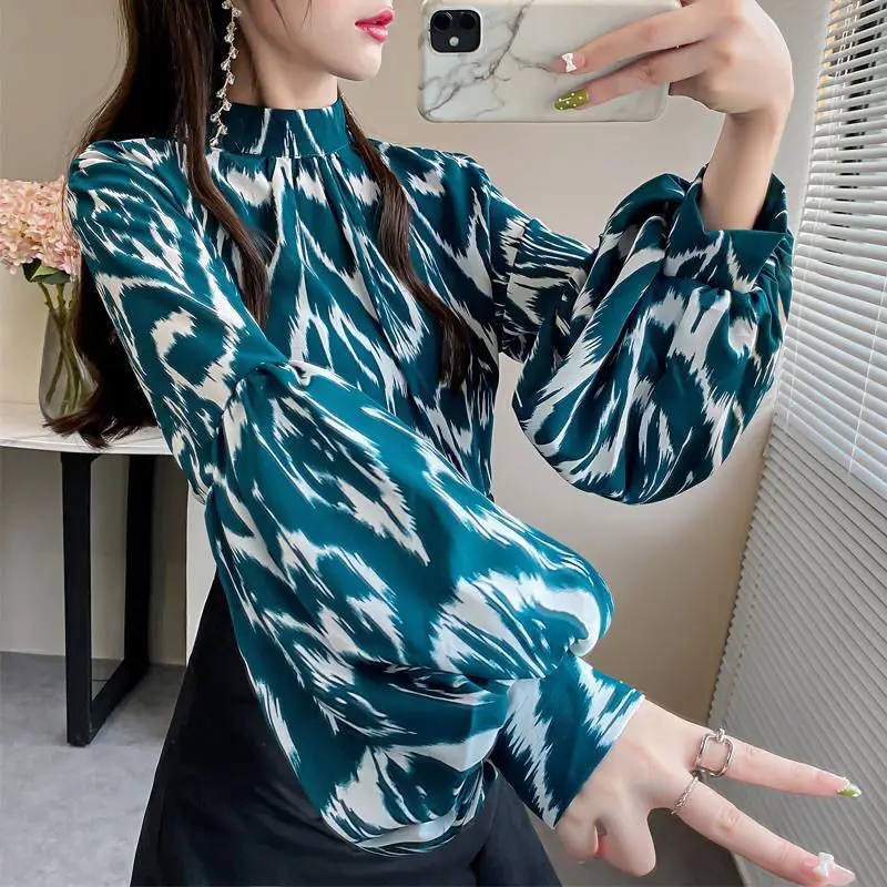 

Blouse Women Elegant Office Ladies Print Trendy Lantern Sleeve Spring Retro Design Blasas Tops Loose Ins New Popular Cozy Soft
