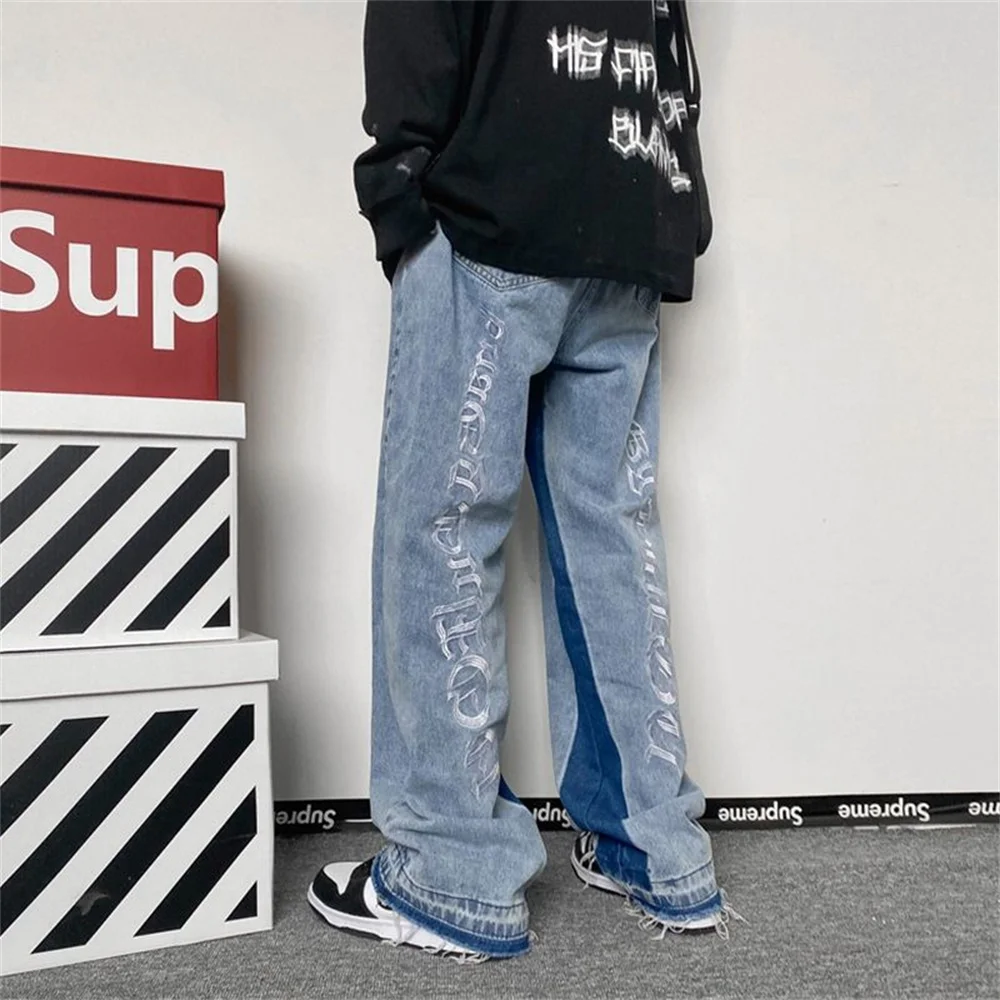 Retro Street Jeans Men Hip-hop Trend Trouser Female Loose Straight Pants Letter Print Wide-leg Pants Casual Hight Waist Clothing images - 6