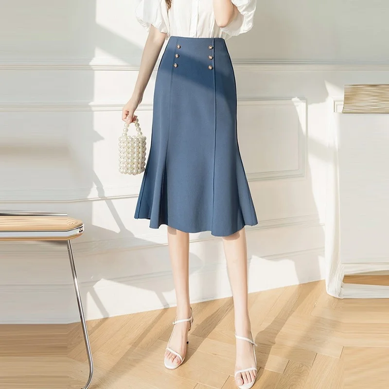 

Office Lady Elegant Mermaid Skirts New Arrival 2021 Summer Fashion Korean Style Double Breasted Women A-line Long Skirt W430