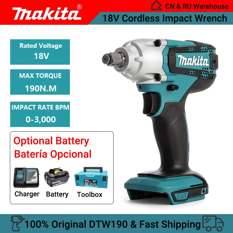 Makita Original DTW190 Cordless Electric Wrench 18V Impact Lithium 190 N·M 1/2 Inch Auto Socket Screwdriver Power Tools