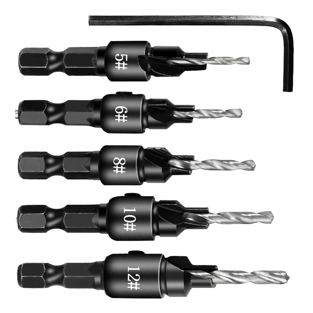 

5Pcs/Set Countersink Drill Bit Set, Drilling Pilot Hole Many Kinds Of High Speed Steel Titanium Coated Twist Drill Bit Straight