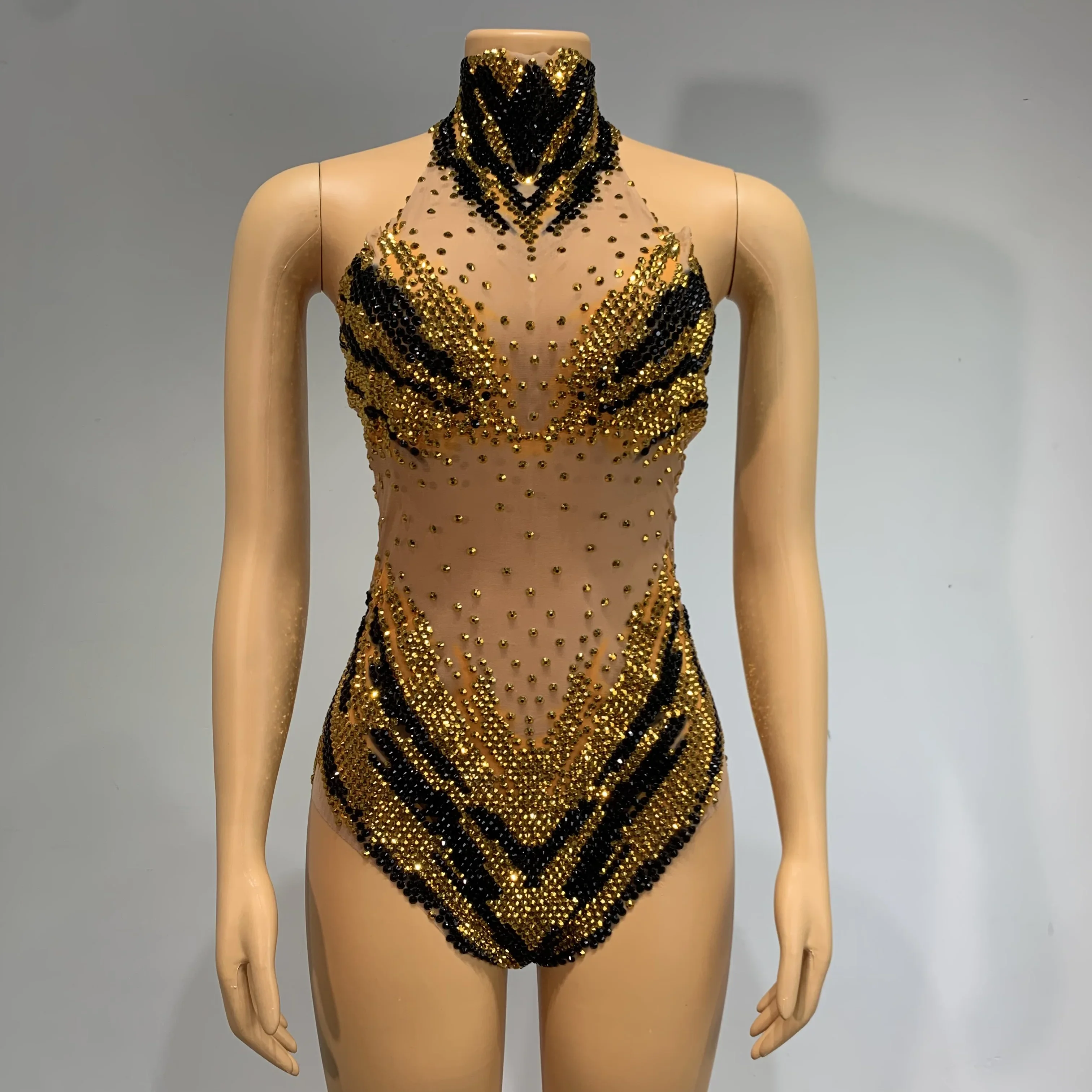 Новый эластичный облегающий боди с золотыми стразами женский костюм для