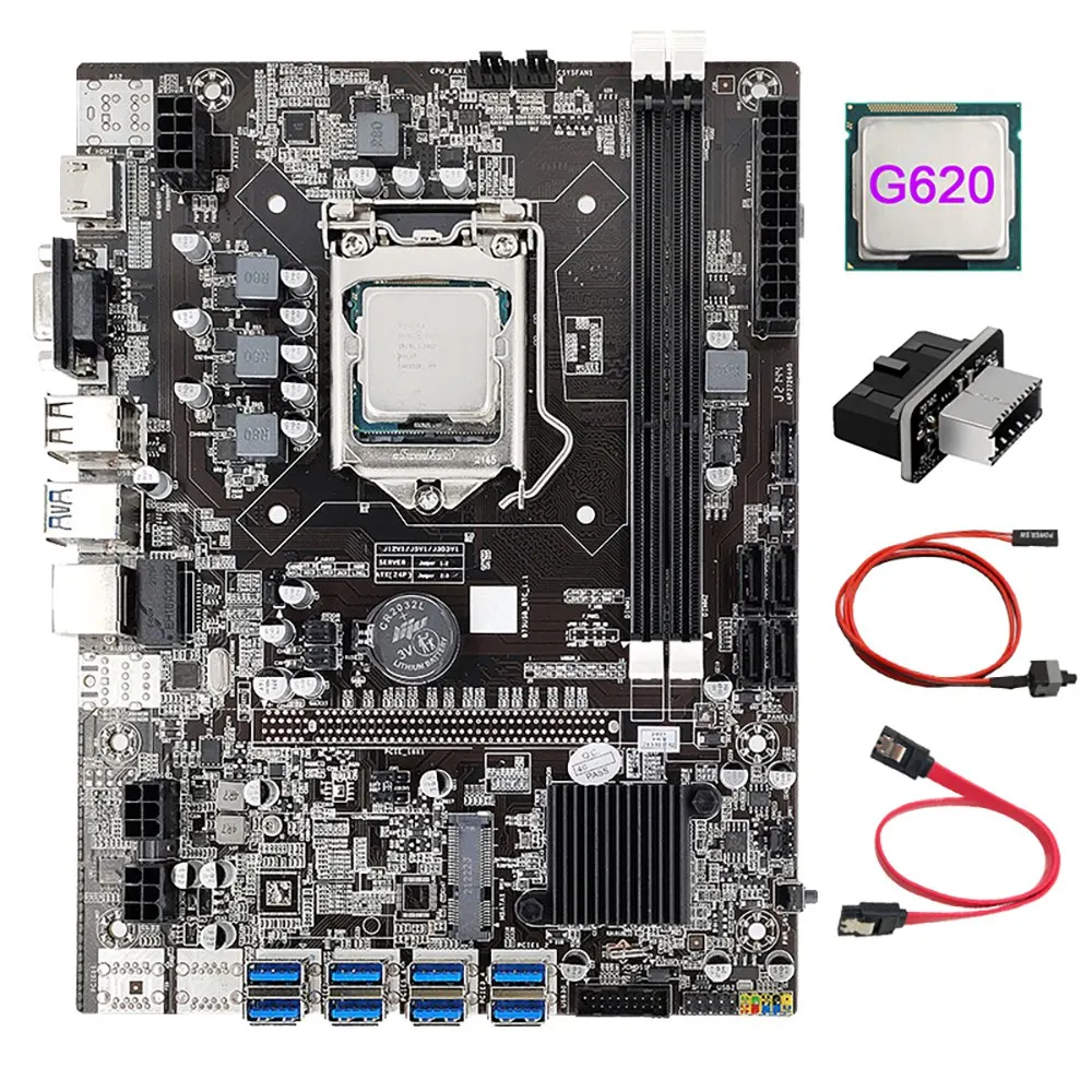 

Материнская плата B75 8 карт для майнинга BTC + процессор G620 + адаптер USB 3,0 + кабель SATA + кабель переключателя 8X USB 3,0 слот LGA1155 DDR3 ОЗУ MSATA