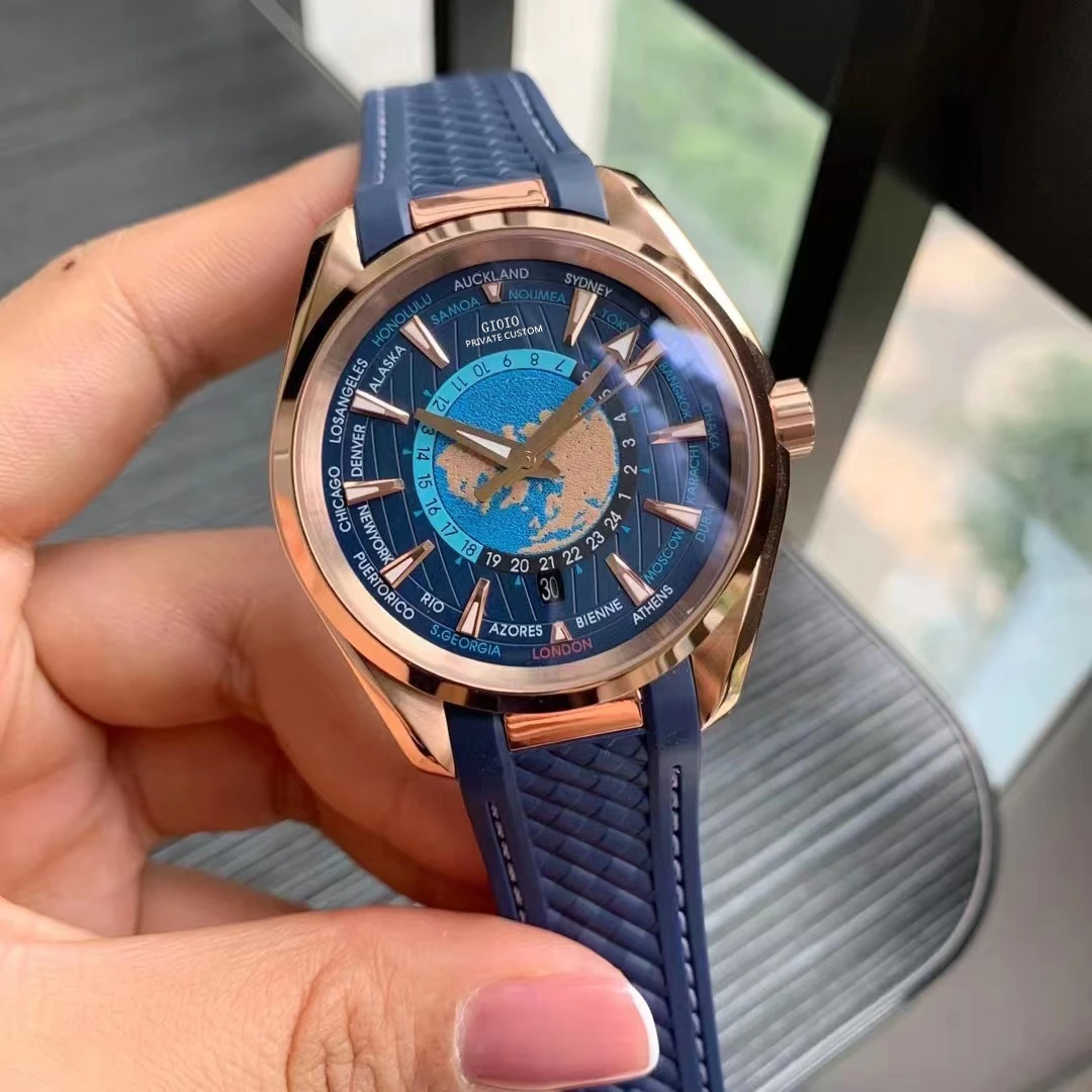 

Luxury Mens Automatic Watch Mechanical Sapphire Black Blue Rubber Luminous Stainless Steel Rose Gold World Map