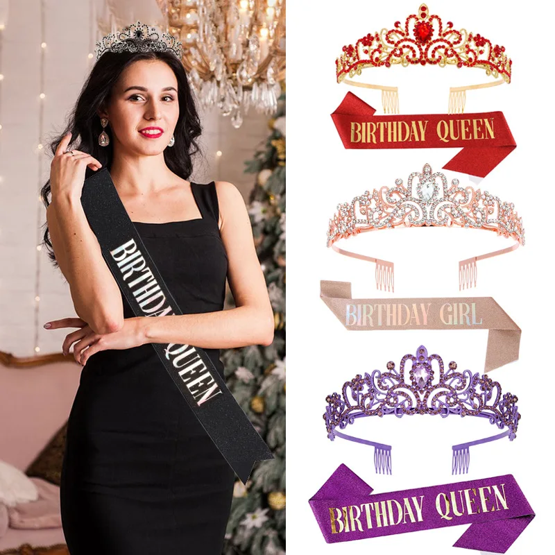 Fashion Pearl Crystal Crown Belt Girl 18 21 30 40 50th Birthday Anniversary Decoration Headdress Etiquette Belt Party Supplies