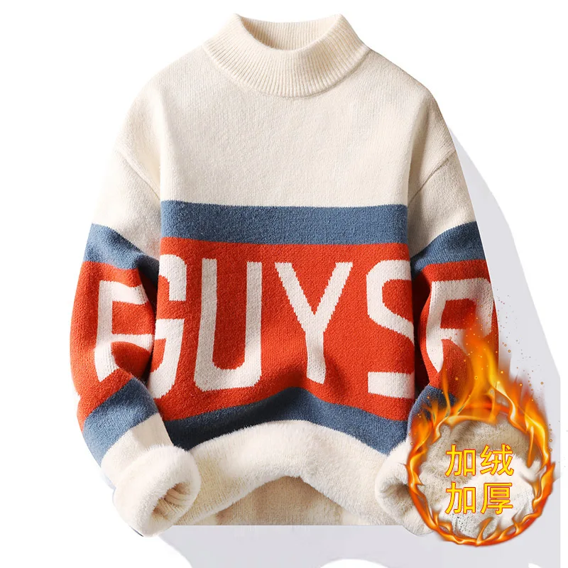Winter new men's plush half high neck sweater sweater men's fashion long sleeve base thickened youth clothes knitted sweater