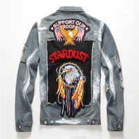 mens autumn and winter new motorcycle washed retro graffiti stitching thorn eagle pattern patch lapel denim jacket