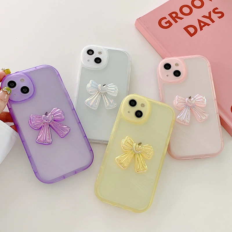 Cute Transparent Bowknot Stand Phone Case For iPhone 11 12 13 Pro Max XS Max X XR 13 12 Bumper Candy Silicone Clear Cases Cover