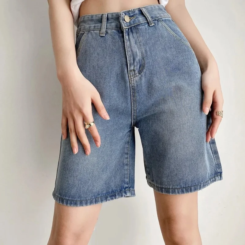 Summer 2023 New Loose Korean Fashion Y2k Straight Short Pants Blue Thin New Women's Clothes High Waist Vintage Denim Shorts Chic