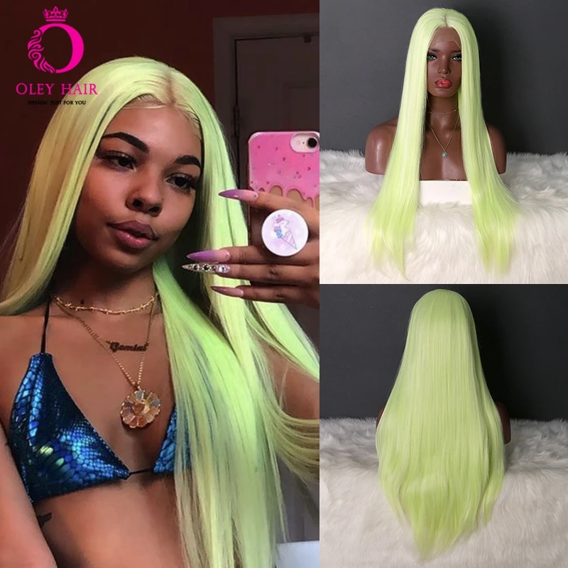 Light Green Straight Synthetic Lace Front Wig Heat Resistant Middle-part Party/ Wedding/Cosplat Wigs for Black Women Oley