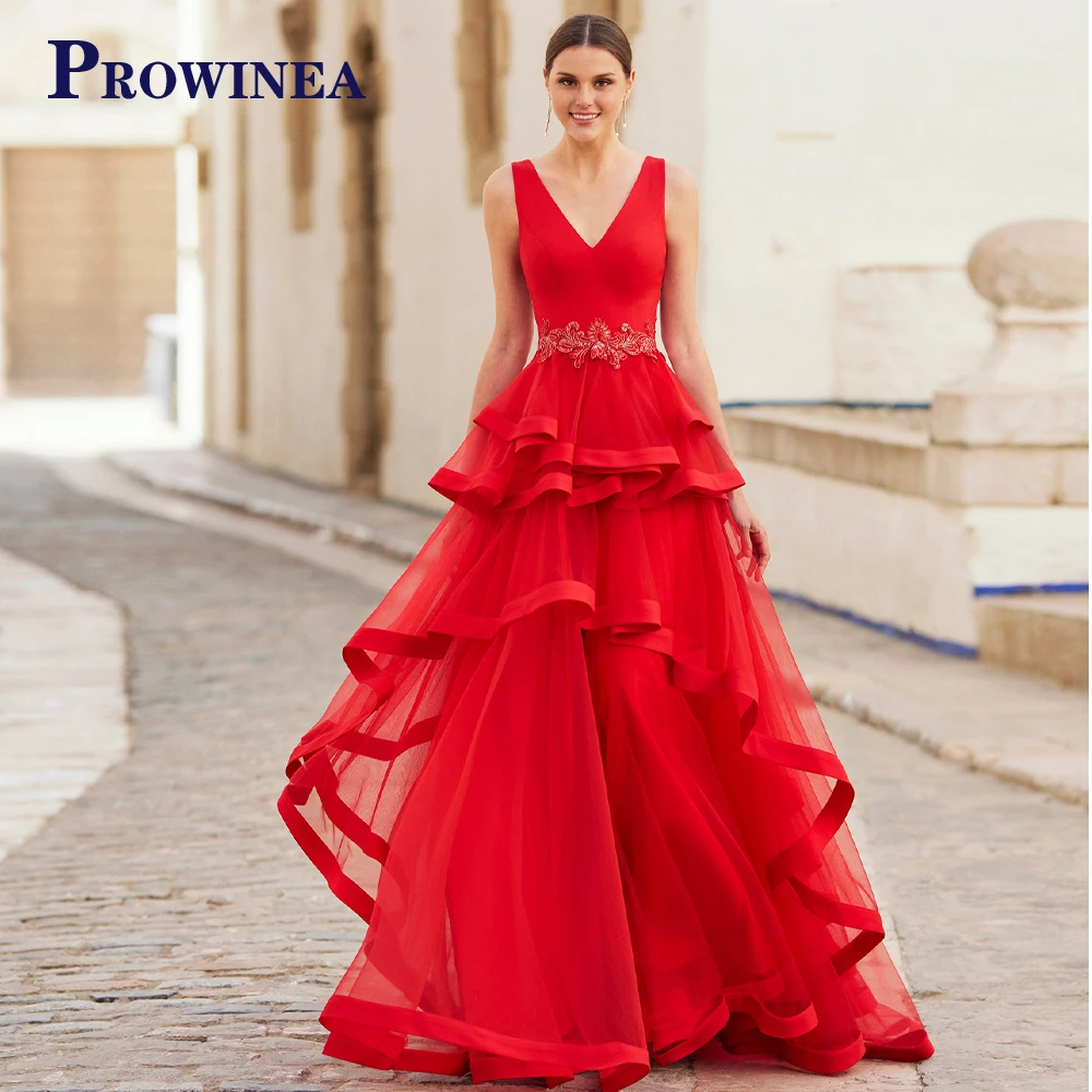 

Prowinea Trendy V-Neck Sleeveless High End Luxury Celebrity Gown Tulle Evening Dress Pleat Appliques De Gala Tiered Personalised