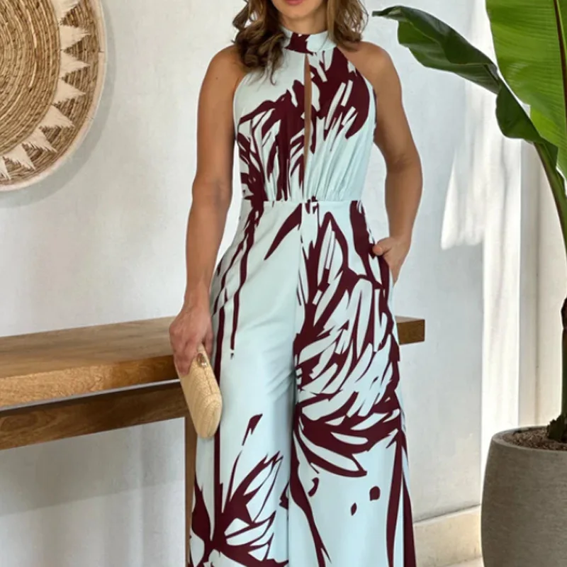 

Wepbel Hollow-out Casual Jumpsuits Half Turtleneck Summer Jumpsuits Women Sleeveless Printed Cinched Wide Leg Pants Jumpsuit
