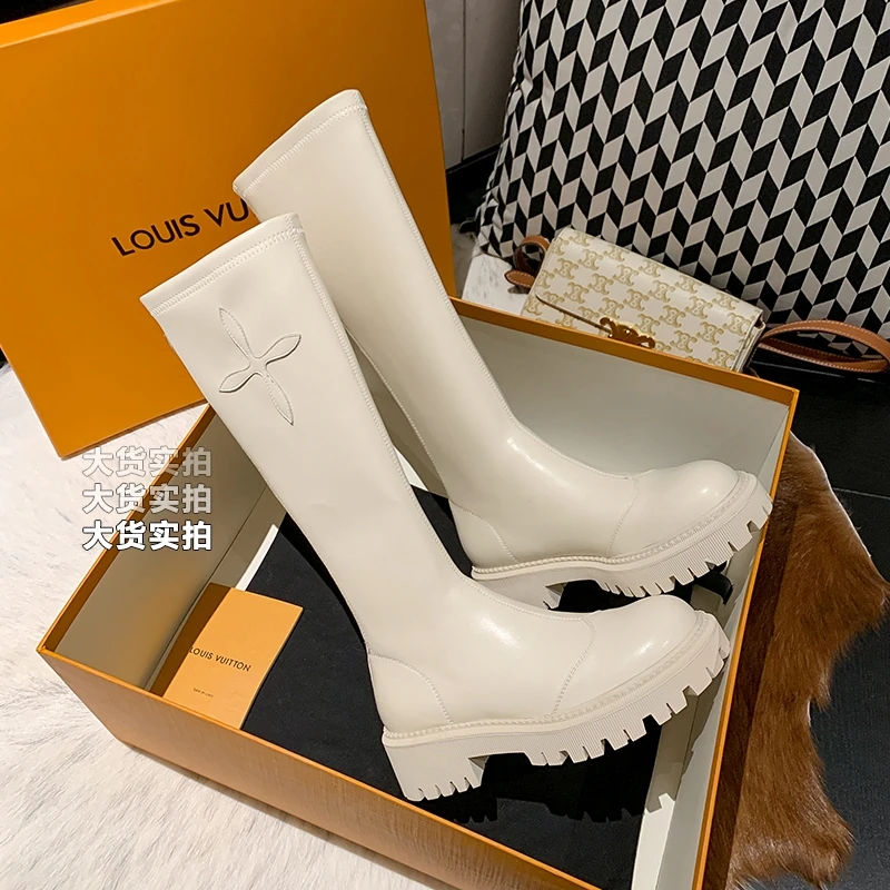 

Autumn Woman Boots Winter Stretch Shoes Platform Chunky Boots Black Beige Block Heel Tractor Booties Zipper Designer 2022 New