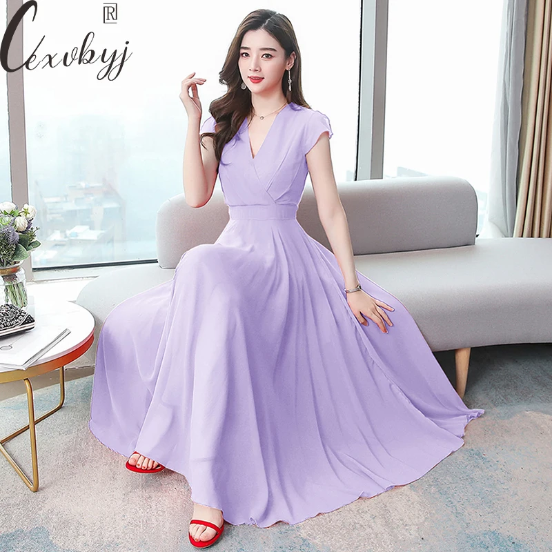 

High Quality Chiffon Maxi Dress Women Solid V-Neck Bach Dress Big Size Short Sleeve Bodycon Dress Boho Style Designer Vestidos