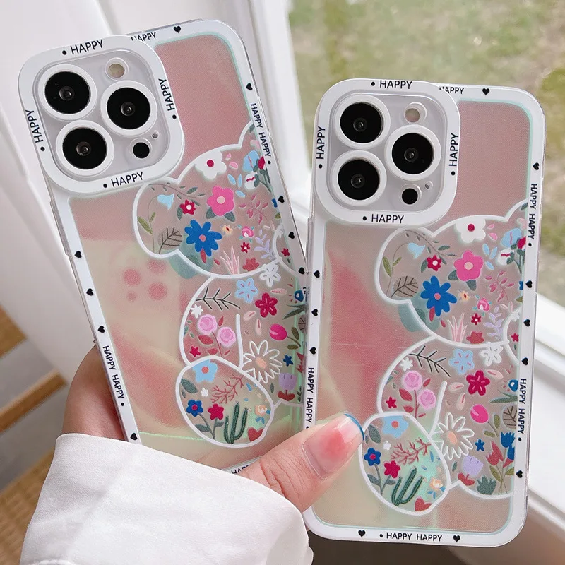 

Laser Transparent Cute Bear Flower Clear Case for Iphone 11 12 13 Pro Max Mini X XR XS 7 8 Plus Shockproof Soft Silicone Cover