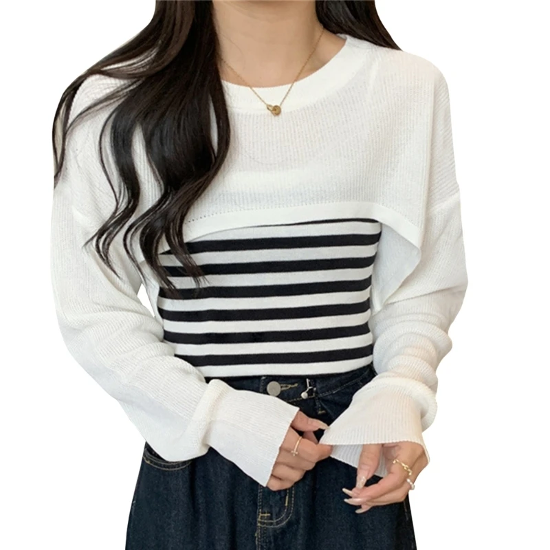 

Women 2-pieces Comfortable Knitted Pullover T-Shirt Long Sleeve Crochet Knitwear A5KE