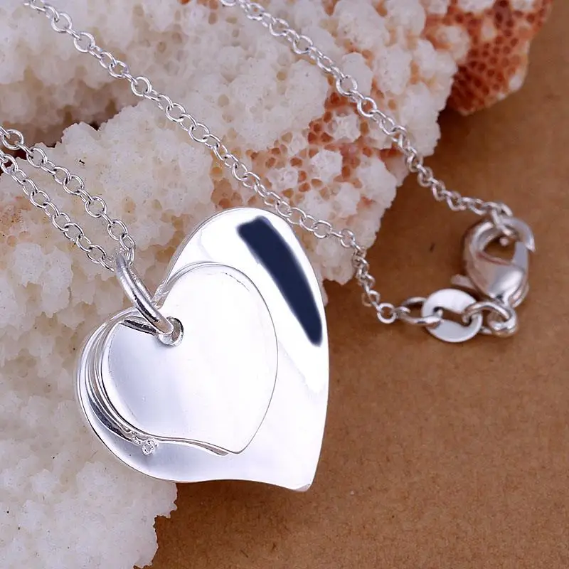 Очаровательное новое ожерелье из серебра 925 пробы с двойным сердцем и карточкой