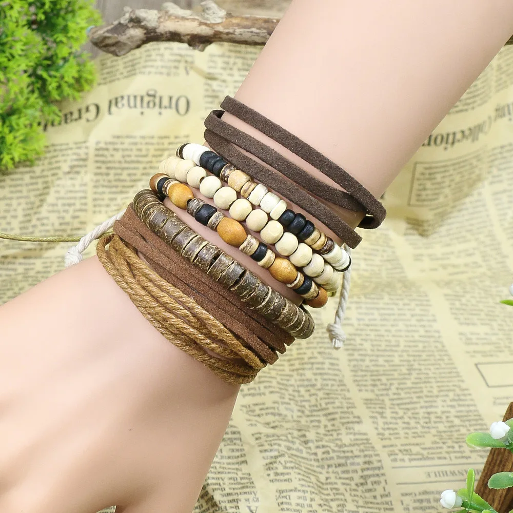 

Hot Selling Original European and American Jewelry Fashion Leather Rope Hand Woven Bracelet Wood Bracelet National Style Jewelry