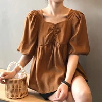 french puff sleeve square collar shirt womens 2022 summer new short sleeve pullover solid retro loose doll shirt female tops