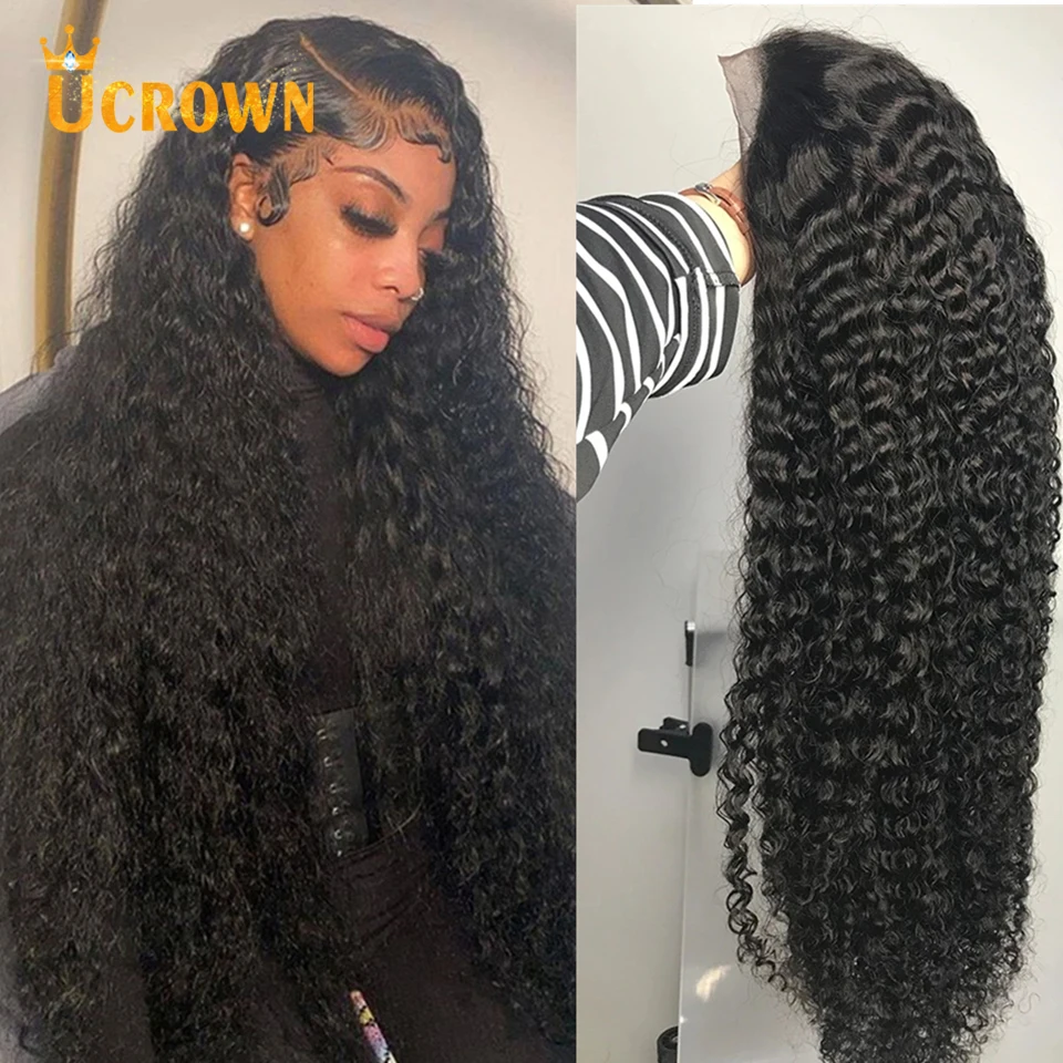 

Ucrown бразильские волосы 13X4 глубокая волна HD прозрачные кружевные передние человеческие волосы парики для черных женщин 32 дюйма предварительно выщипанные Детские волосы