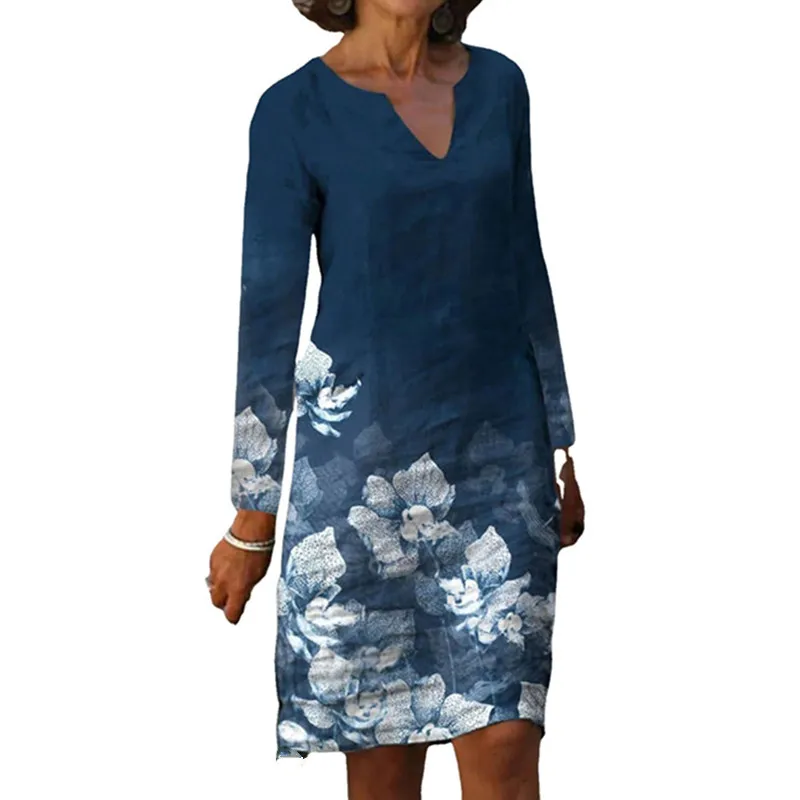 

European and American Hot Print Cotton and Linen Short Sleeves V Neck Mid - Long Dress