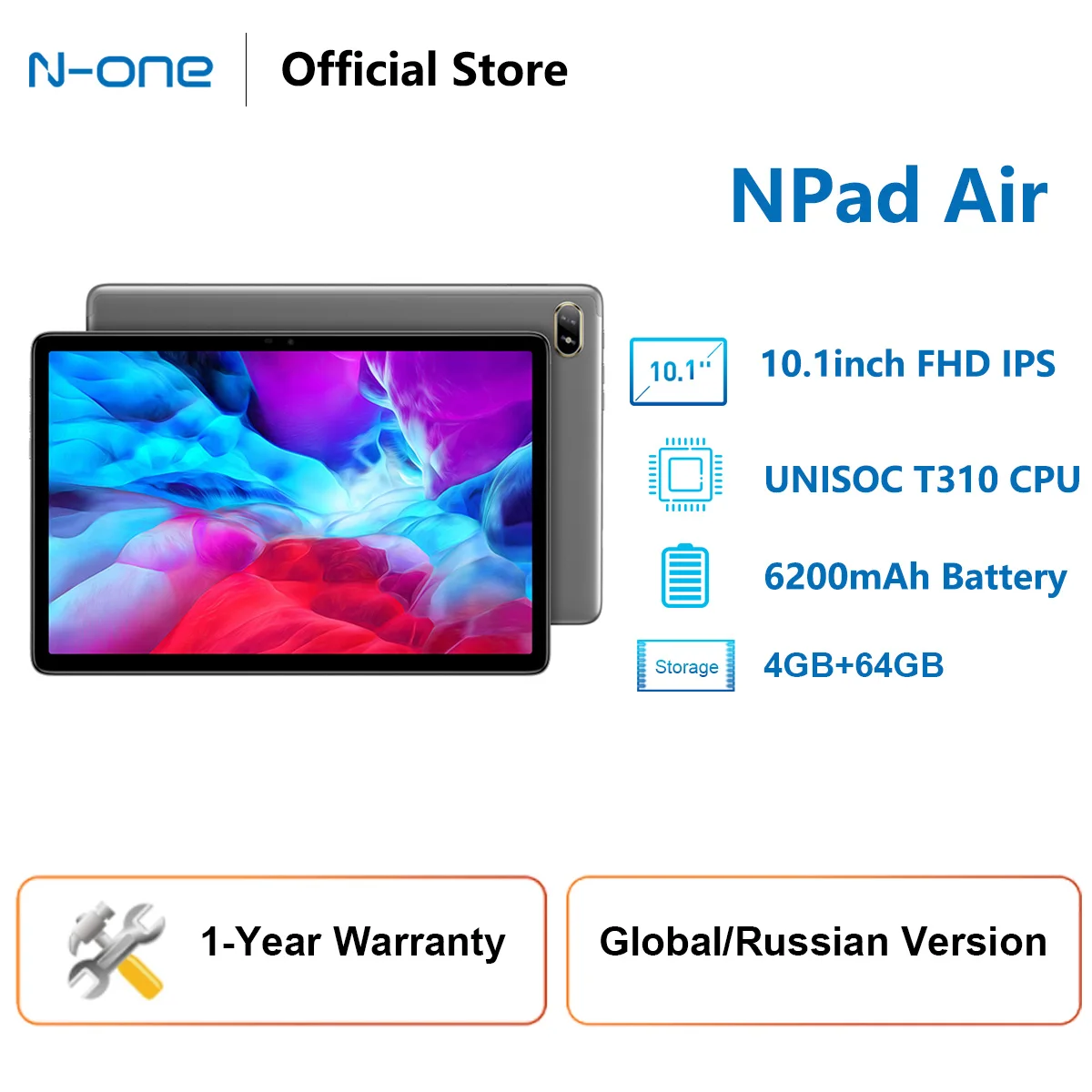 N-one NPad Air Tablet PC 10.1inch 1920x1200 FHD IPS 4G Network 4GB RAM 64GB ROM UNISOC T310 Android 11 Type-C Dual Wifi