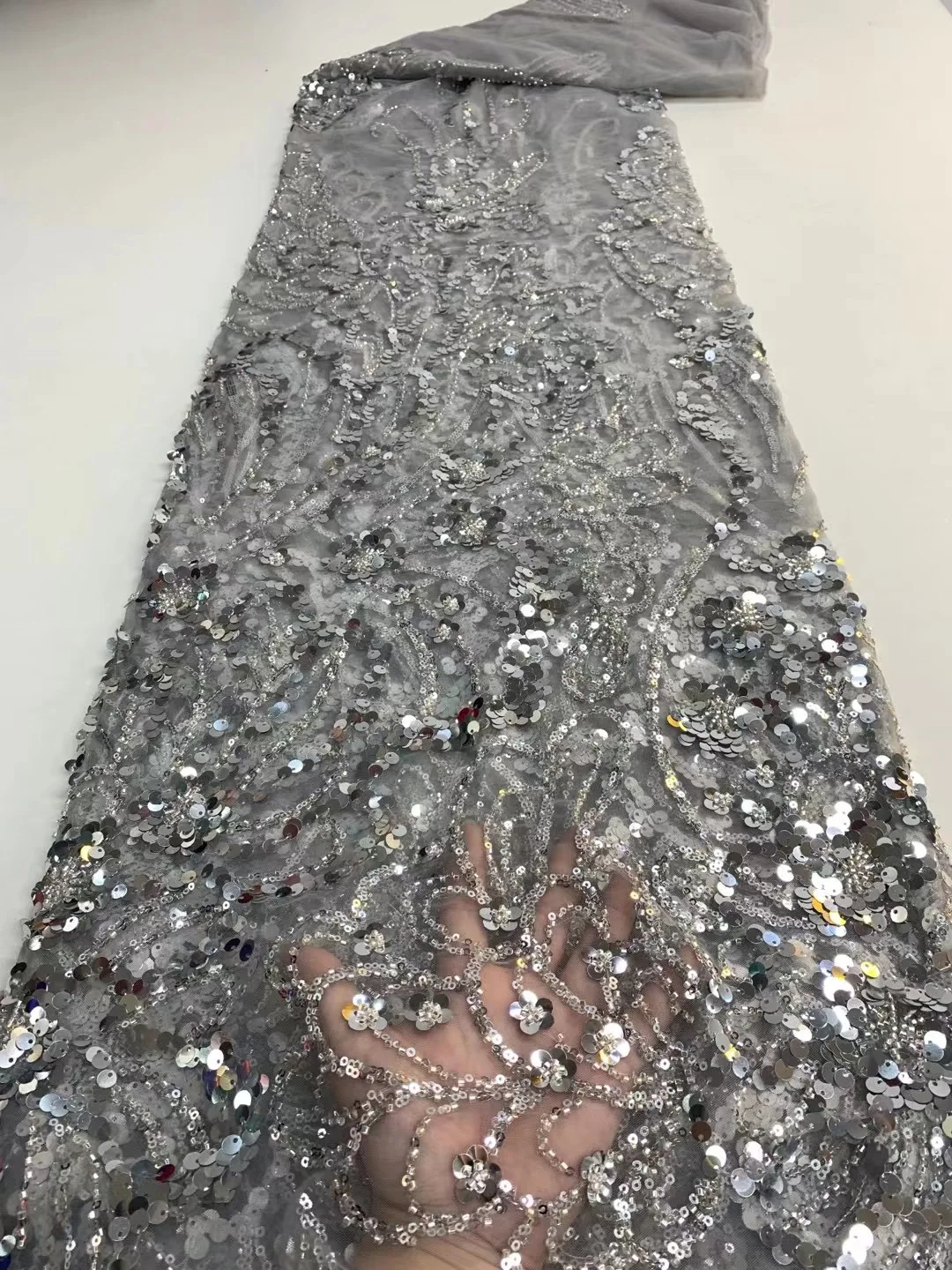 

Модная серая африканская Тюлевая кружевная ткань, Высококачественная блестящая сетка ручной работы с бисером и вышивкой, французская сетч...