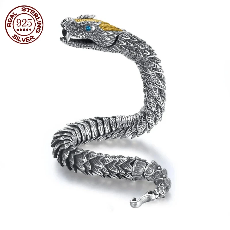 

Real Solid S925 Silver Viking Gothic Black Gun Python Men Snake Bracelet Rock Style Golden Horn Domineering Women Party Jewelry