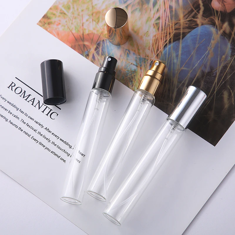 

200PCS 15ml Transparent Thin Glass Spray Bottle Sample Glass Vials Portable Mini Perfume Atomizer Gold Silver Black Cap