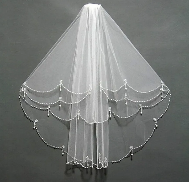 

White/Ivory 2T Shoulder Length Wedding Bridal Veil with Beading Pearls Comb 2023
