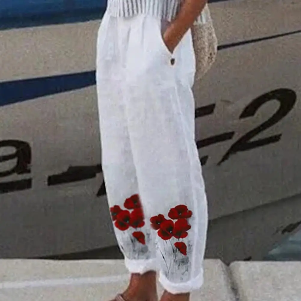 

Брюки женские с цветочным принтом, модные тонкие свободные штаны с карманами, с принтом листьев, летние